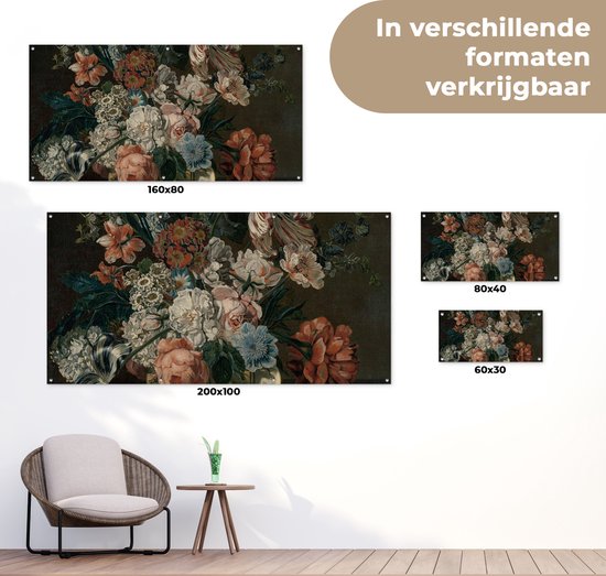 Affiche de jardin Nature morte aux fleurs - Peinture de Cornelia van der Mijn - 80x40 cm - Décoration murale Extérieur - Affiche de jardin - Toile de jardin - Affiche de clôture - Peinture de jardin