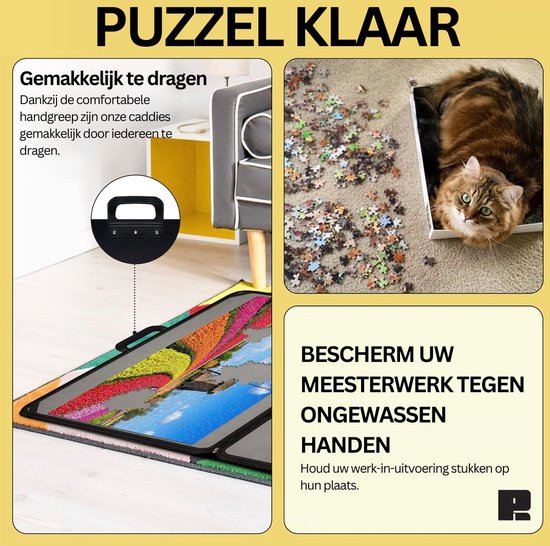 Grijze puzzelmat met tulpenveld en molen, met handvat, in een opengeslagen koffer, kat ligt tussen puzzelstukjes.
