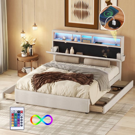 Lit Double 160x200 Avec Rangement, Tête De Lit LED Et Ports USB - Design Moderne Et Pratique