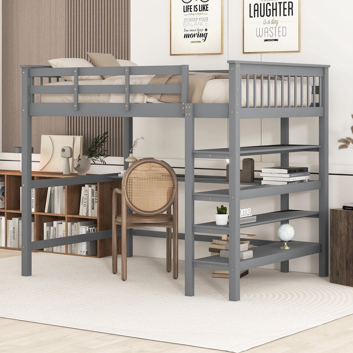 Sweiko Kinderbed, Kinderloft bed, Hoogdslaper met Opbergvakken en Bedbureau, 140 x 200cm, Grijs.(Zonder stoelen)
