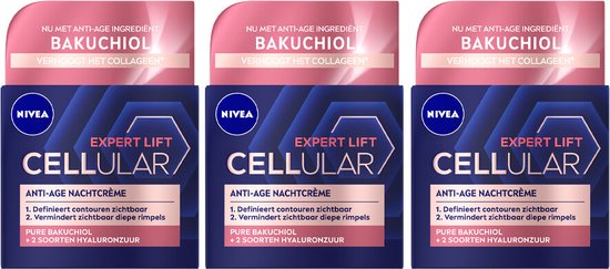 NIVEA CELLular Expert Lift Anti-Age Nachtcrème - Alle huidtypen - Met Bakuchiol en Hyaluronzuur - 3 x 50 ml