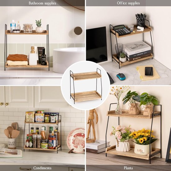 IBUYKE Aanrecht Organizer, 3-laags kruidenrekken, aanrecht hoek plank, 4 zijhaken, verstelbare werkblad plank voor keuken, badkamer, koffiebar, kast, bureau, rustiek bruin, TLJ003H-2