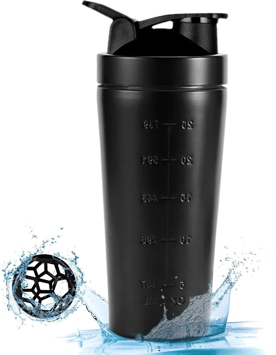 Goedkoopste Protein Shaker Fles 750ML Zwart Roestvrij Staal - BPA Vrij - Met Mengbal - Lekvrij - voor Protein Shakes en Smoothies - Gym Fitness - Supplement Shakers