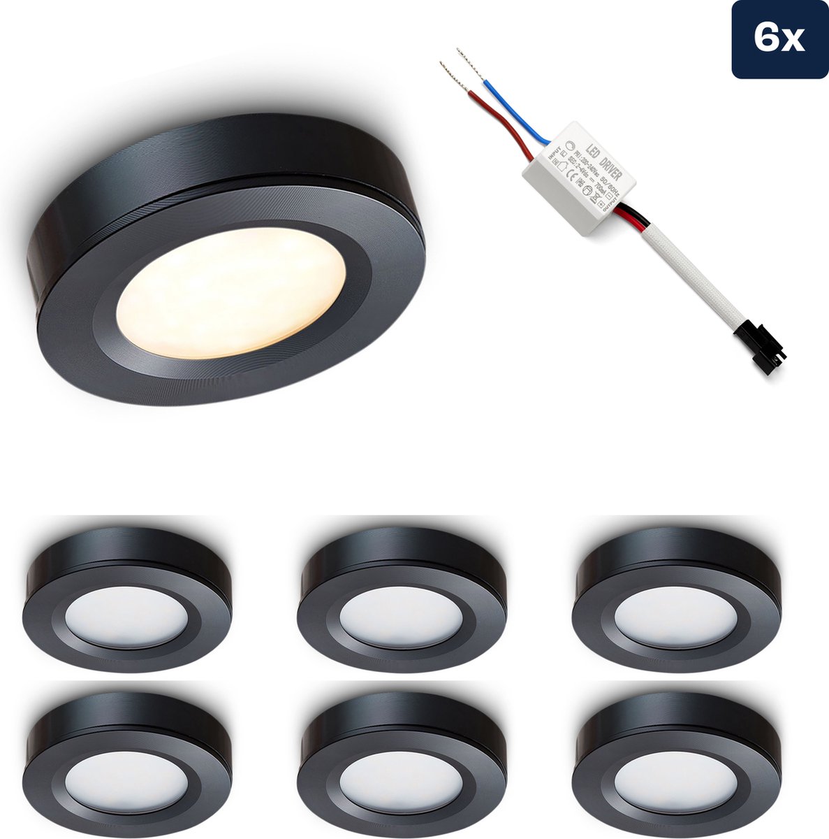 Ledisons LED opbouwspot Adria set 6 stuks zwart dimbaar Ø69 mm 3 jaar garantie 2700K (extra warm-wit) 190 lumen 3 Watt IP44