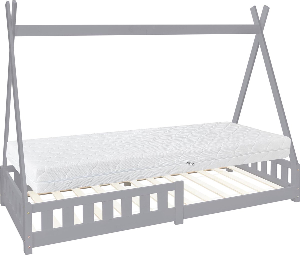 ml-design tipi-serie kinderbed 90x200 cm lichtgrijs met koudschuimmatras H:16cm lattenbodem en valbeveiliging massief grenen houten huisbed in Indianenstijl met hek geschikt voor meisjes en jongens speelbed en vloerbed in tentvorm voor de kinderkamer