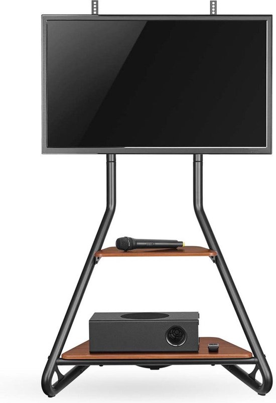 Zwarte tv-standaard met twee bruine houten planken, met een tv, microfoon en projector.