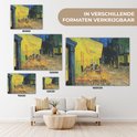 Een woonkamer met een bank en een muur met een schilderij van een terras 's avonds. Verschillende maten zijn zichtbaar.