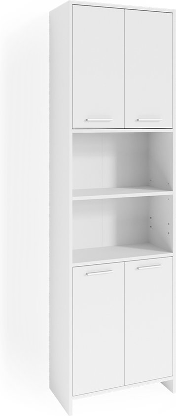 Hoge witte badkamerkast met bovenaan twee deuren, daaronder twee open vakken en onderaan nog twee deuren.
