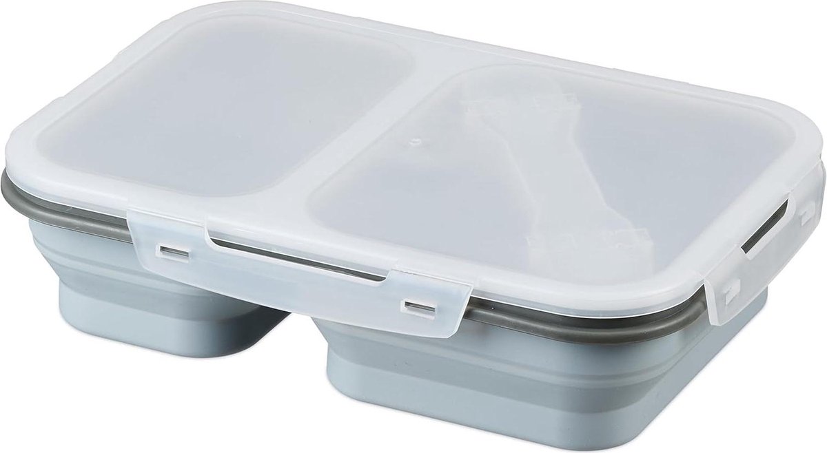 2 compartments foldable microwave-safe airtight silicone meal prep tray with cutlery grey Lunch Box