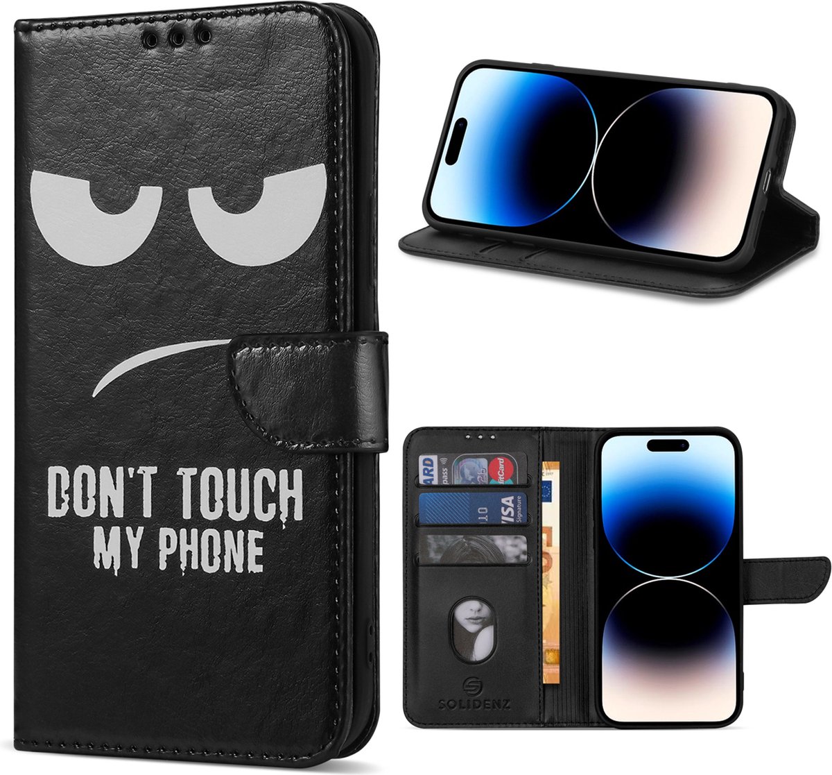 Multimedia & Accessoires Lederen Book Case Hoesje geschikt voor Apple iPhone 14 Pro Max – Don’t Touch My Phone – Zwart -Telefoonhoesje – Met Stand – Kaarthouder – Pasjes Houder – Magneet Sluiting – Bookcase