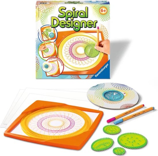 Ravensburger Spiral Designer speelgoed met tekenplaten, tandwielen, stiften en papier.