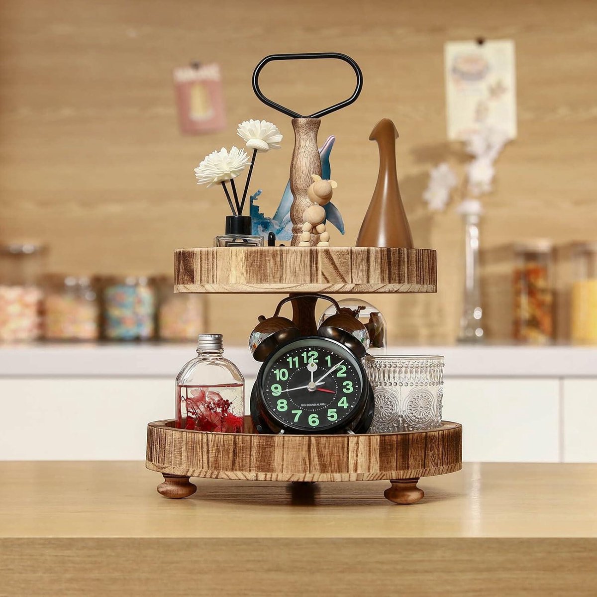 ENUODA 2-Laagse Houten Decoratieve Dienblad Taartstandaard - Rustieke Boerderij Cupcake Stand Fruitschaal
