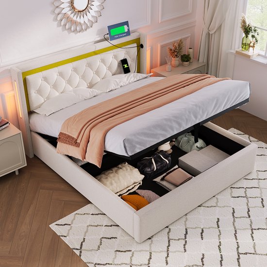Lit coffre rembourré 160×200cm - tissu en lin - avec prises de recharge et sommier à lattes - Beige