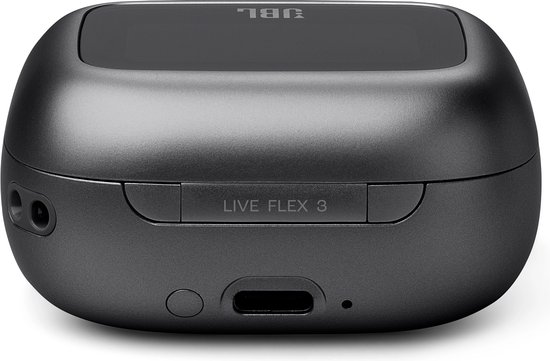 Zwart JBL oplaadcase met zijkant en voorkant zichtbaar, waarop 'LIVE FLEX 3' staat.