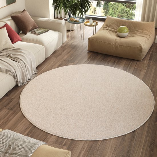 Tapiso Nizza Tapis Rond Crème Antidérapant Lavable Tapis à Poils Ras Taille - 200x200