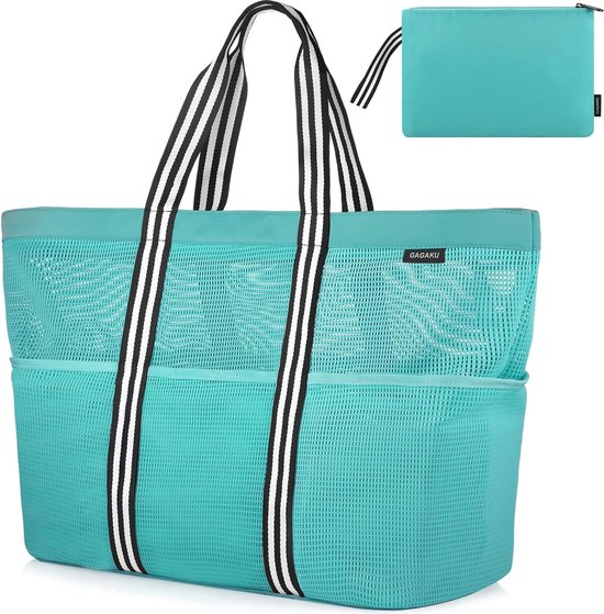 Sac De Plage À Fermeture Éclair XXXL Sac De Natation Familial Extra Large Sac En Maille Pour Femmes Sac De Plage Sac En Maille Pour Le Shopping De Voyage De Plage - Zwart/ Gris / Vert