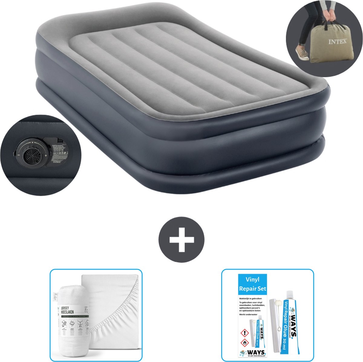 Intex Luchtbedset- 1-Persoons - 99 x 191 x 42 cm - Grijs - Met pomp + Hoeslaken Wit + Reparatieset