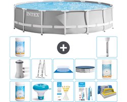 Intex Rond Prism Frame Zwembad - 427 x 107 cm - Grijs - Inclusief Pomp - Ladder - Grondzeil - Afdekzeil Chloor - Chloordrijver - Testrips - Reparatiesetje - Scrubborstel - PH-waarde - PH-waarde - Thermometer