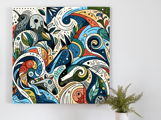 Abstract dieren schilderij | Wilde dierlijke vormen dansen in kleurrijke abstracte kunstbeleving | Kunst - 20x20 centimeter op Canvas | Foto op Canvas
