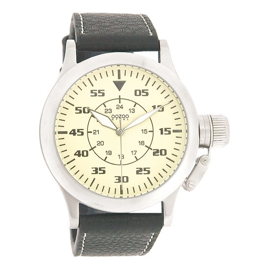 OOZOO Timepieces - Zilverkleurige horloge met zwarte leren band - OS035