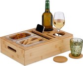 Relaxdays couchbar bamboe - 2 snackschaaltjes - wijnfleshouder - bankbar - tablethouder