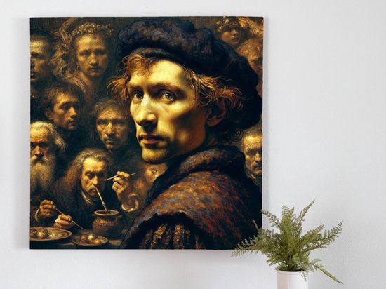 Line art rembrandt schilderij | Rembrandt's Lines: A Masterful Artwork of Timeless Elegance and Intrigue | Kunst - 20x20 centimeter op Canvas | Foto op Canvas