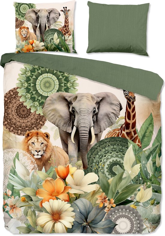 HIP Housse de couette "mandalas, fleurs & animaux de safari" - Vert - (240x200/220 cm) - Satin de Katoen