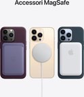 Drie iPhones met MagSafe accessoires: paars hoesje met portemonnee, goudkleurig met oplader, donkergroen met batterij.