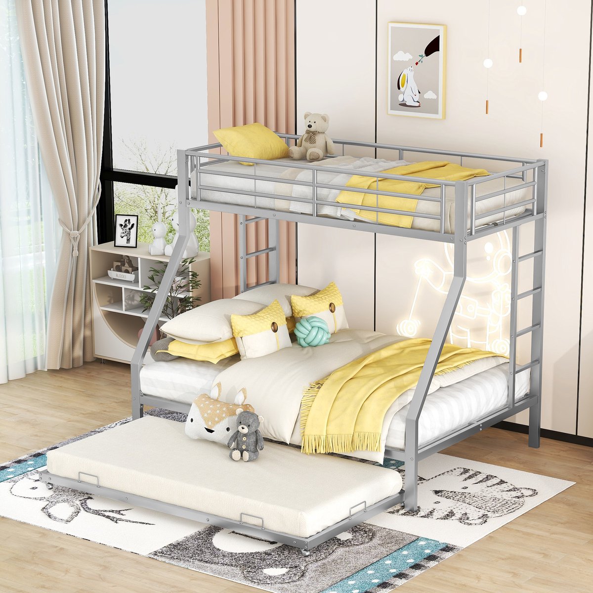 Sweiko Stapelbed, Metalen bed met Uitschuifbaar bed, met ladder aan beide zijden voor kinderen, tieners, volwassenen, gemakkelijk te monteren, 90(140)x200cm, Zilver