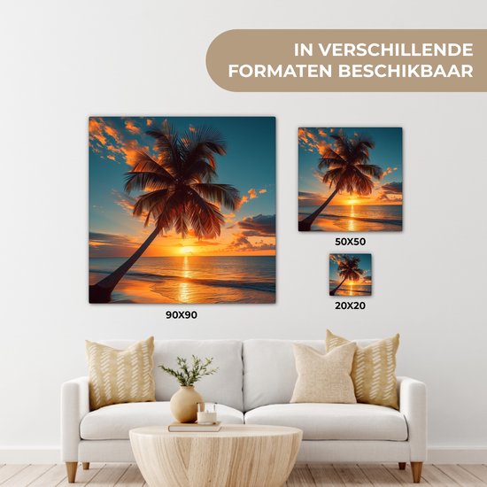 Canvas Schilderij 90x90 cm - Zonsondergang - Palmboom - Zee - Horizon - Strand - Muurdecoratie woonkamer - Woondecoratie - Kamer accessoires - Natuur schilderijen