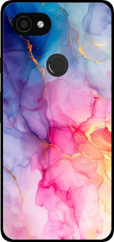 Telefoonhoesje met marmerprint in blauw, paars, roze en goudkleurige tinten.