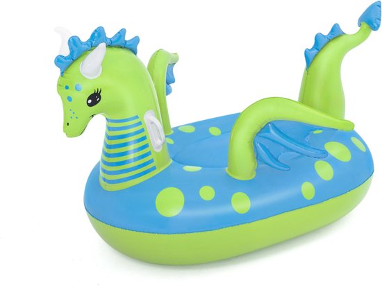Groene en blauwe opblaasbare draak met gele spikkels en vleugels. Heeft blauwe stekels op rug en staart.