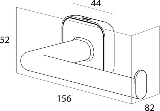 Technische tekening met afmetingen van een zwarte toiletrolhouder.