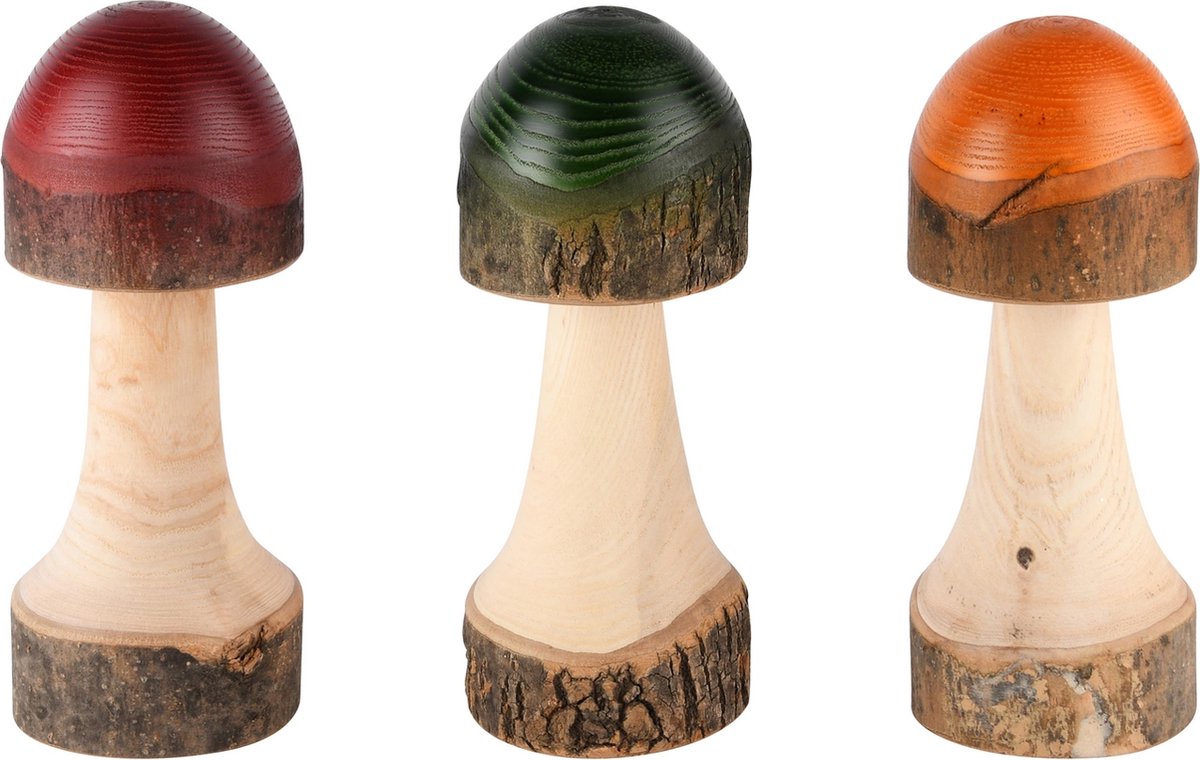 Dekoratief | Paddenstoel oranje/groen/rood/nat., hout, 8x8x19cm, set van 3 stuks | A245566