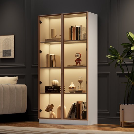 Sweiko Vitrine en verre Witte avec éclairage LED 16 couleurs, Vitrine à étagère mobile à double porte, 80 * 40 * 160 cm, armoire haute de salon, vitrine verticale, armoire de salle de bain