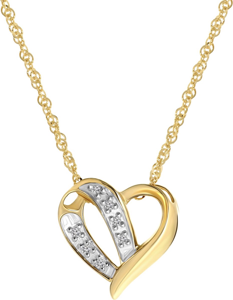 Lucardi Dames Ketting hanger hart diamant 0,03ct - 14 karaat goud - Ketting - Cadeau - 45 cm - Geelgoud
