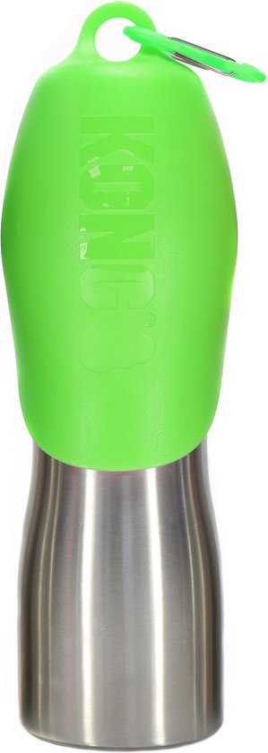 Groene KONG H2O waterfles voor honden met carabiner.