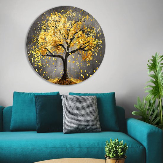 Décoration murale arbre rond - Tableau rond nature - Plaque murale feuilles - Or - Tableaux ruraux - Bol mural - Accessoires chambre cercle mural forex 100x100 cm
