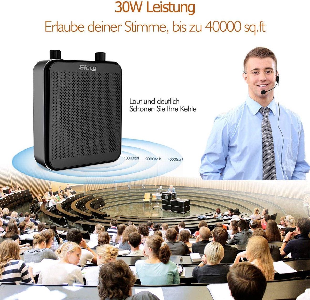 Giecy Draagbare Spraakversterker(30W) met 7.4V/2800mAh Lithium Batterij (Wit