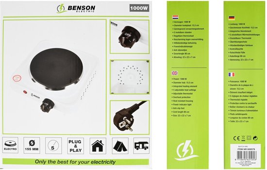 Benson Elektrische kookplaat - 1 pit - 1000W - 15 cm - oververhittingsbeveiliging van Benson — afbeelding 3