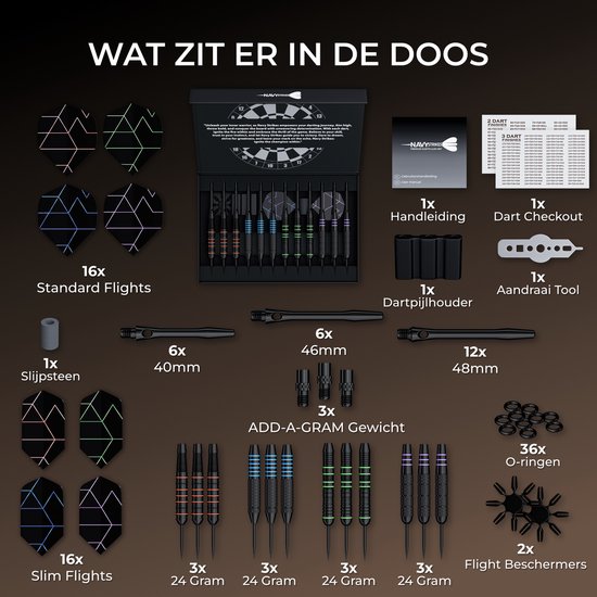 Navy Strikes Dartpijlen Set 24 Gram - Set van 12 Pijlen - 4 Soorten Grip - Flights Darts en Dart Shafts - Darten - 108 Delige Set - Incl Add-a-Gram 25 Gram van Navy Strikes — afbeelding 3