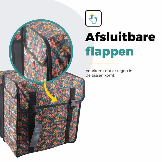 Voltano Dubbele Fietstas XXL - Floral Fiestas - Zwart Met Kleurrijke Bloemen - 60 Liter - Waterdicht - Universele bevestiging - Grote Fietstassen Elektrische Fietsen