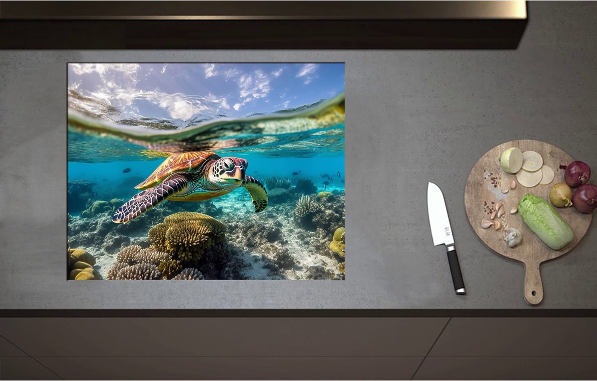Inductieplaat Beschermer - Bruine schildpad zwemt door de zee met koraal - 70x55 cm - 2 mm Dik - Inductie Beschermer - Bescherming Inductiekookplaat - Kookplaat Beschermer van Zwart Vinyl