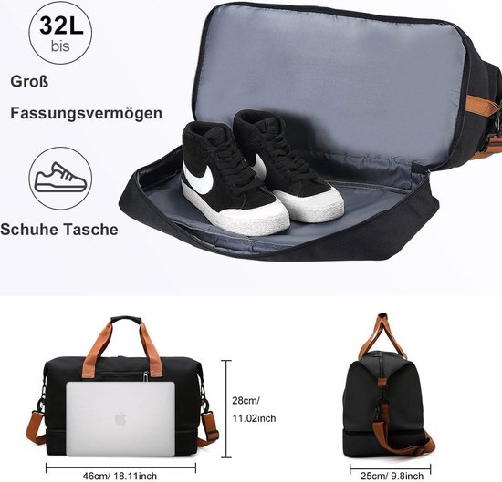 Fresion Sporttas zwart voor dames en heren - kleine reistas met schoenenvak - weekendtas met nat vak - handbagagetas voor vliegtuig - fitness tas voor heren - trainingstas - gym duffle bag van Fresion — afbeelding 2