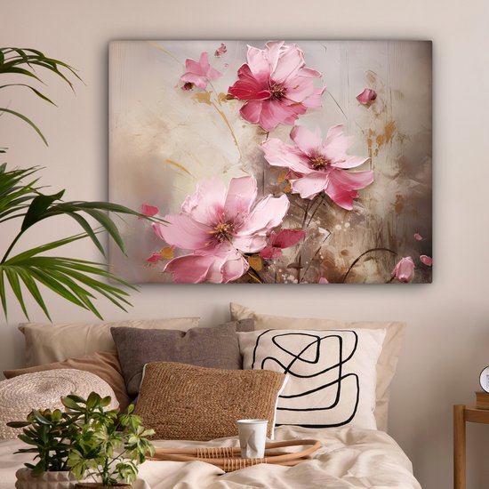 Abstract schilderij met roze bloemen op een beige achtergrond.