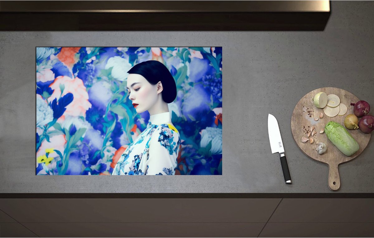 Inductieplaat Beschermer - Charmante Vrouw in Bloemenjurk tegen Muur met Bloemen Patroon - 75x52 cm - 2 mm Dik - Inductie Beschermer - Bescherming Inductiekookplaat - Kookplaat Beschermer van Wit Vinyl