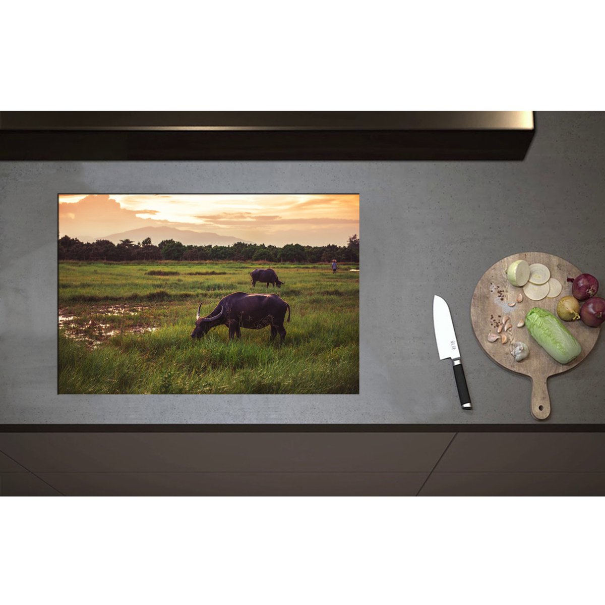 Inductieplaat Beschermer - Buffels Grazend in het Landschap - 75x50 cm - 2 mm Dik - Inductie Beschermer - Bescherming Inductiekookplaat - Kookplaat Beschermer van Wit Vinyl