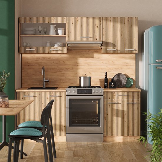 Vicco Elément de cuisine complet R- Line, Chêne artisanal/Chêne Gold Kraft/Chêne doré puissant, 200 cm sans plan de travail