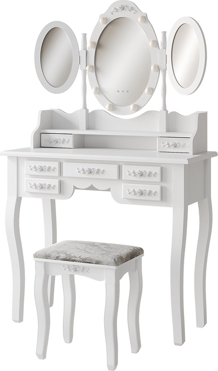 Vicco Kaptafel set met kruk Diana, Wit, 90 cm met spiegel, LED-verlichting en kruk