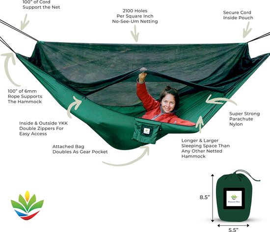 Hangmat, outdoor campinghangmat met gebogen houten stang, bevestigingsriemen en draagtas voor binnen, balkon, terras, tuin, rugzakreizen
